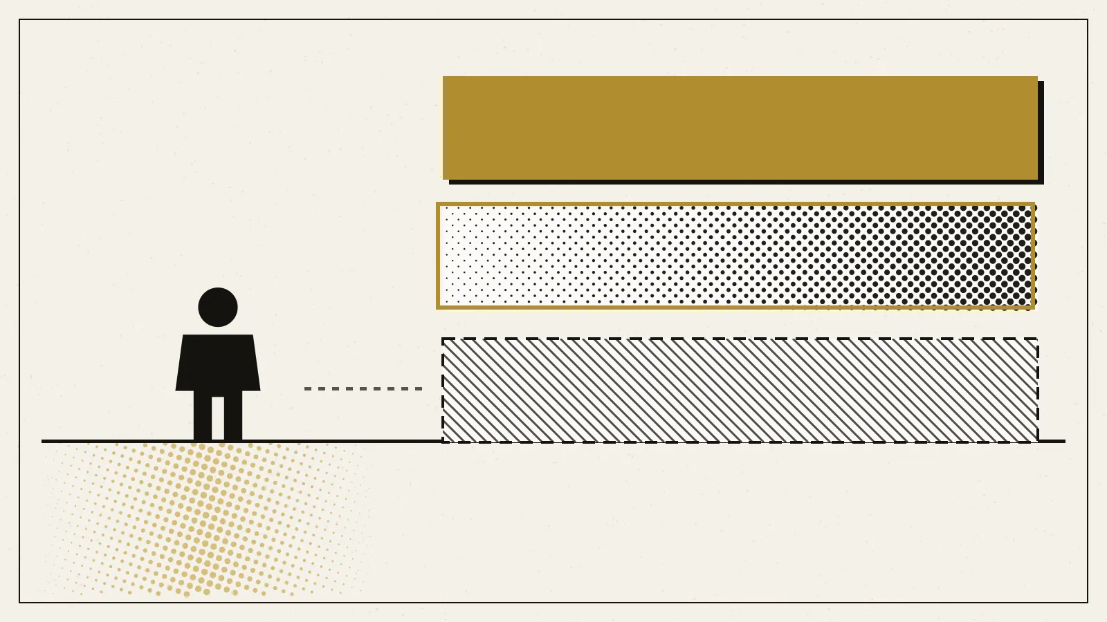 Editorial poster in ink and gold: a small black standing figure on the left faces three wide horizontal bands stacked on the right, one solid gold, one filled with black halftone dots, one filled with diagonal black hatching, each band printed slightly out of register.