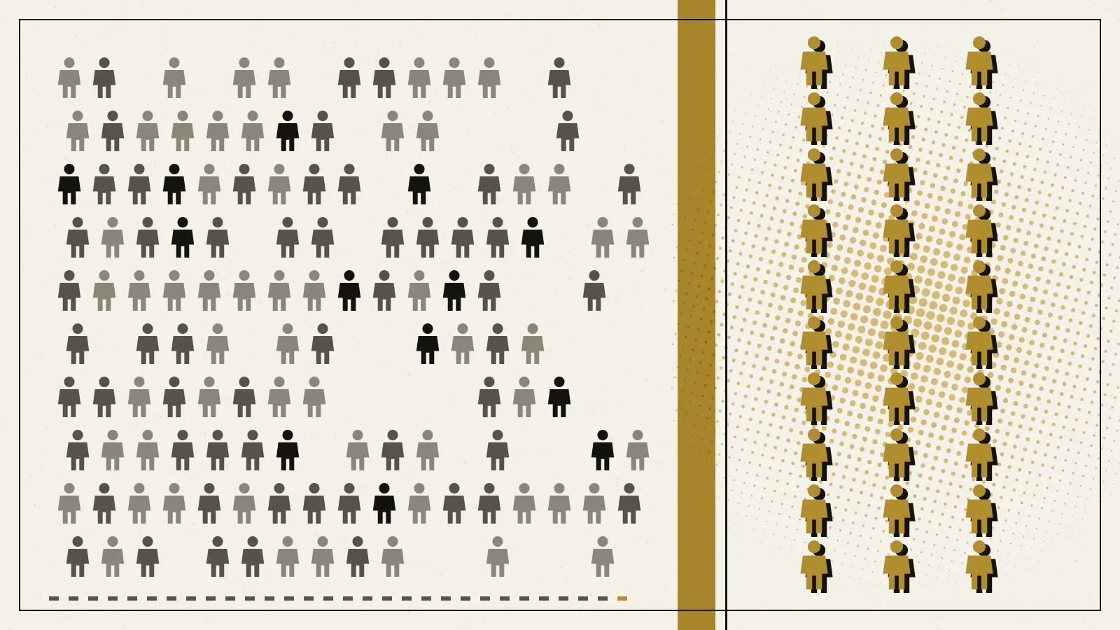 Editorial poster in ink and gold: a dense field of small grey and black standing figures on the left, a vertical gold band in the centre, and three columns of thirty gold figures on the right over a gold halftone disc, each figure printed with an offset black plate like a misregistered press run.