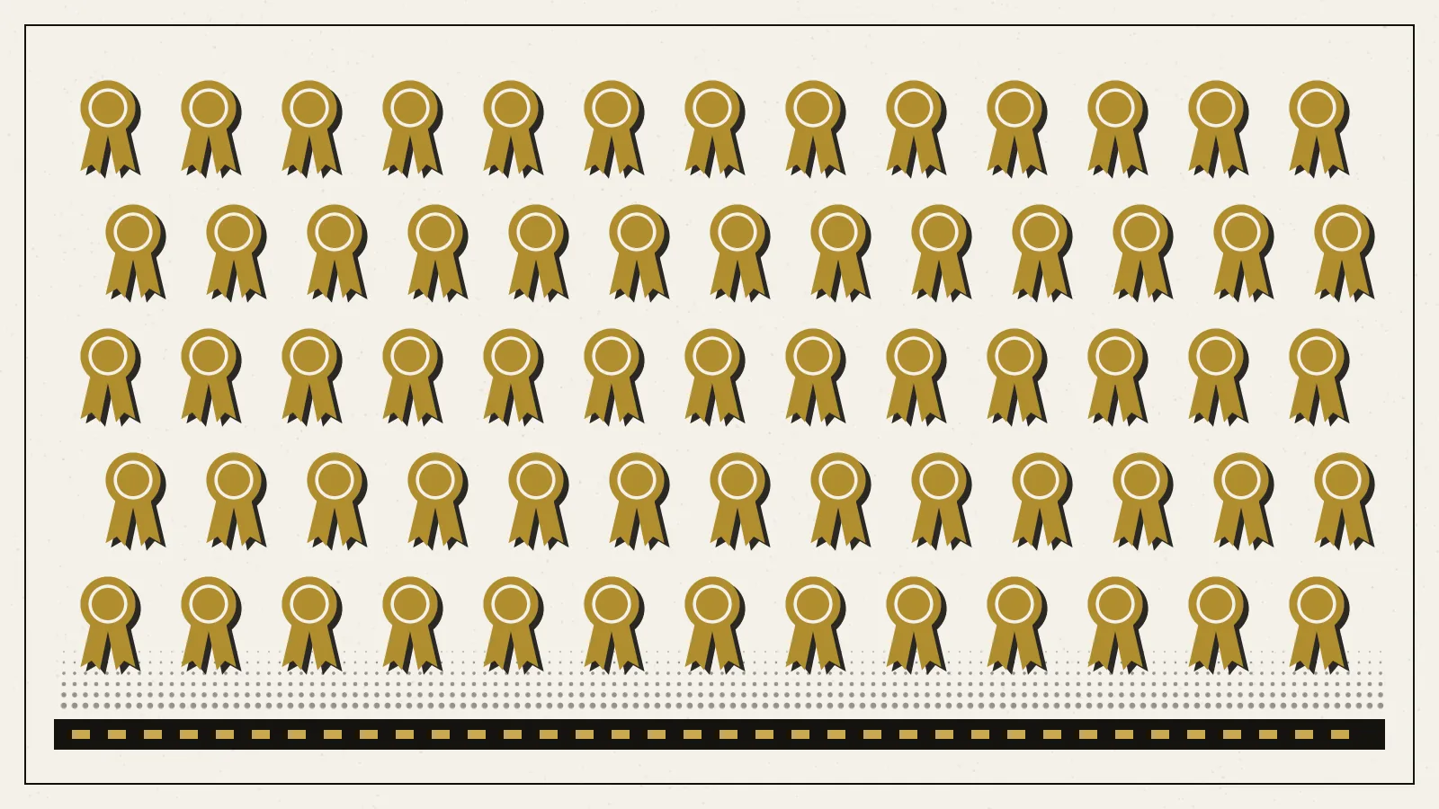Editorial poster in ink and gold: long rows of identical gold rosette medals repeat across the page like a production line, each printed with a slightly offset black plate, above a black conveyor band with evenly spaced ticks.