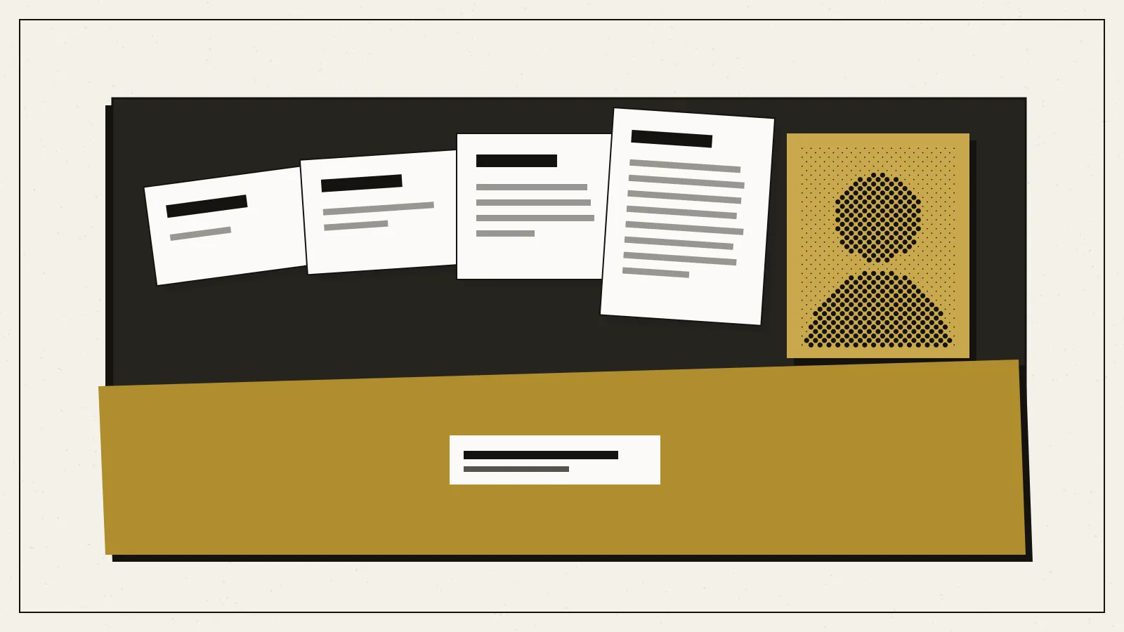 Editorial illustration in ink and gold: an open black folder holds four fanned sheets of increasing length, from one line of text to eight, beside a gold card printed with a halftone head and shoulders portrait, with a gold front pocket and a small white label across the bottom.
