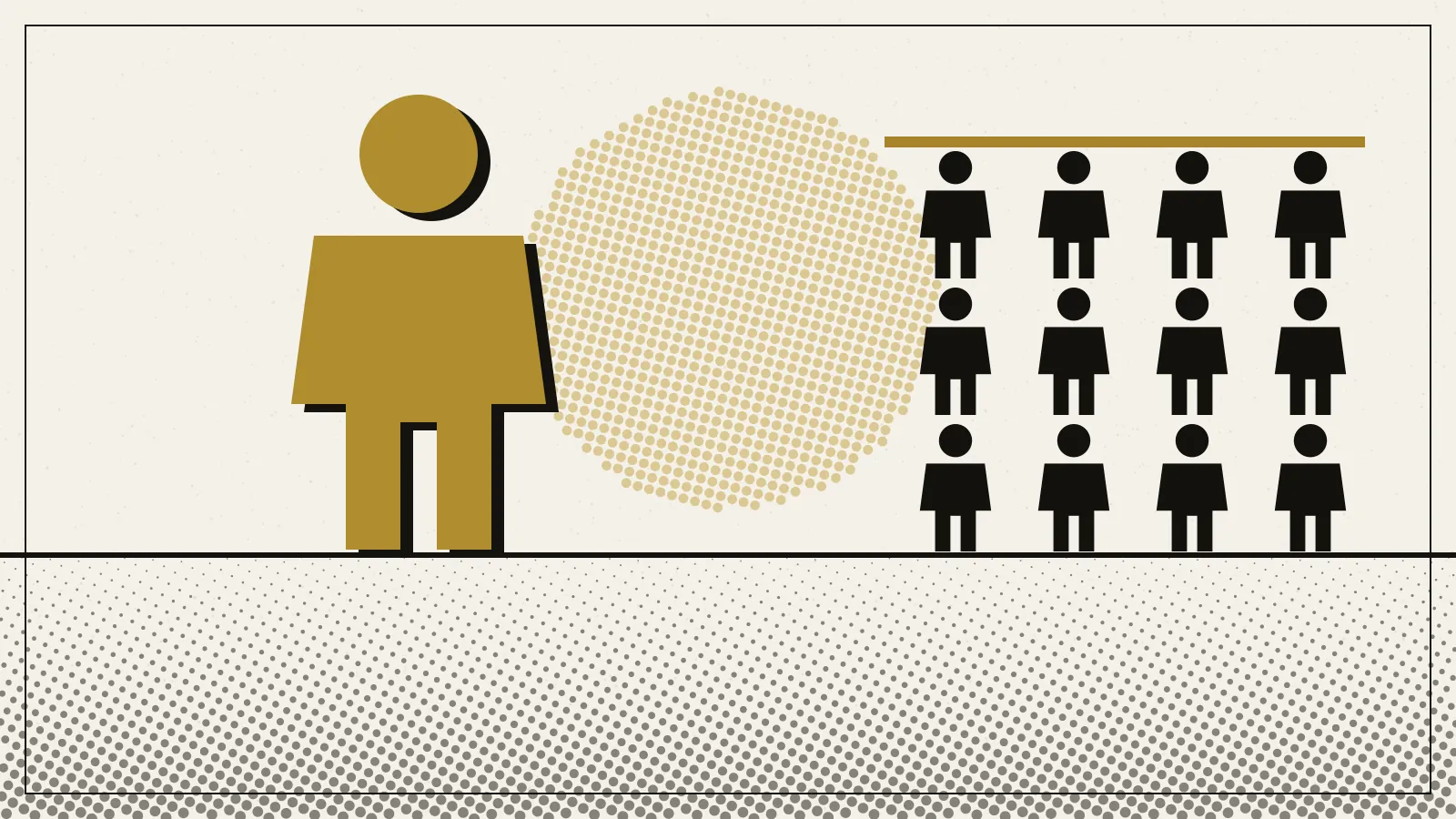 Editorial poster in ink and gold: one large solid gold figure on the left faces a tight block of twelve small black figures on the right, with a pale gold halftone disc between them, all standing on a black horizon line above a field of grey halftone dots.