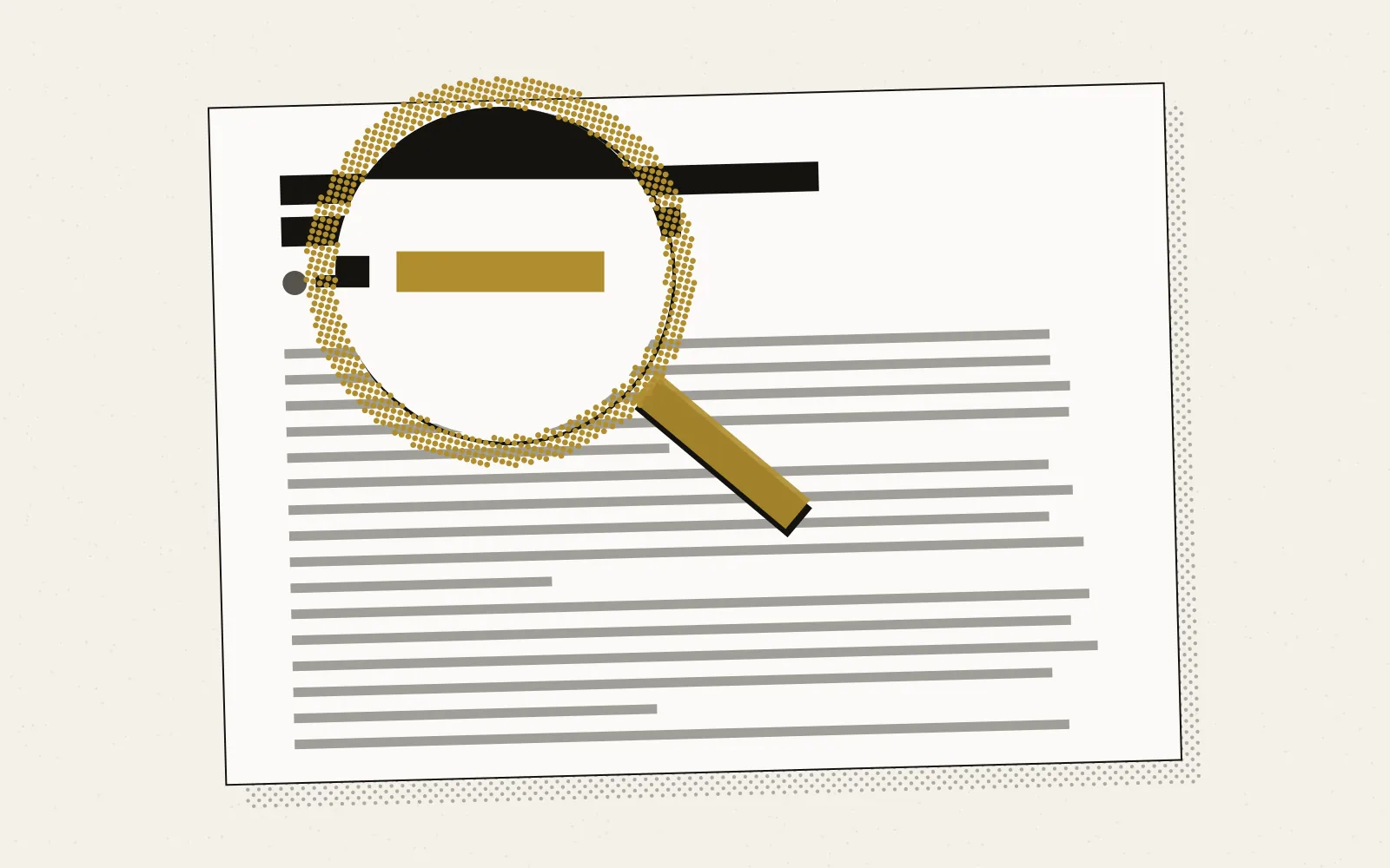 A newspaper article printed in ink on cream paper, its headline and body shown as solid bars, with a gold halftone magnifying lens on a gold handle enlarging the small gold byline label beneath the headline.