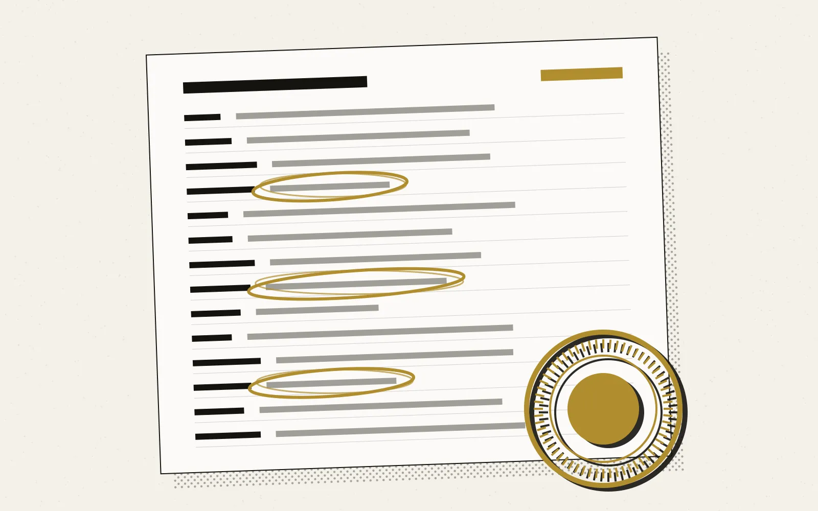 A printed nomination ledger in ink on cream paper, its lines shown as solid bars, with three bars circled in gold and a large gold circular stamp printed slightly out of register in the lower right corner.