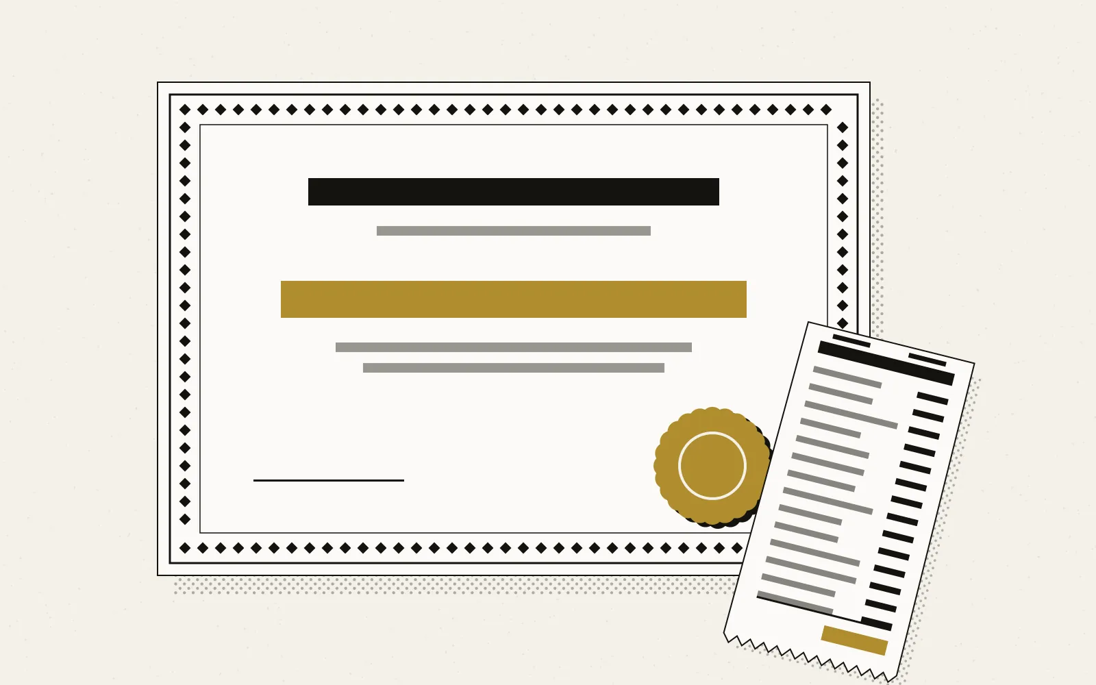 A formal certificate printed in ink on cream stock with a heavy patterned border and a gold seal, with a long receipt strip of black bars stapled across its lower corner, both laid over a halftone shadow and printed slightly out of register.