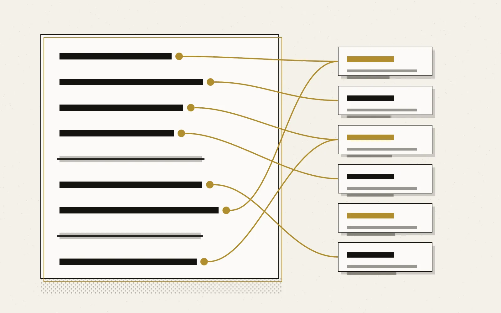 An editorial illustration of a cream ledger panel in which rows of black claim bars each end in a gold dot linked by a curving gold line to one of six small source documents on the right, while two pale claim bars with no source are struck through.